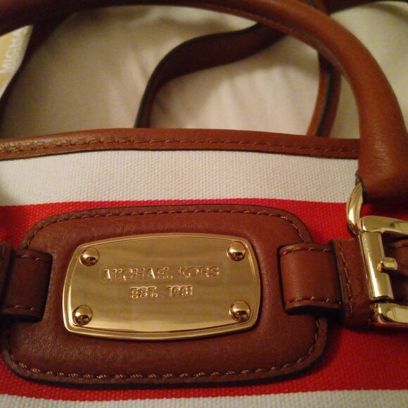 Michael Kors Hamilton Large Mandarin/White Striped Canvas Tote - Picture 4 of 8